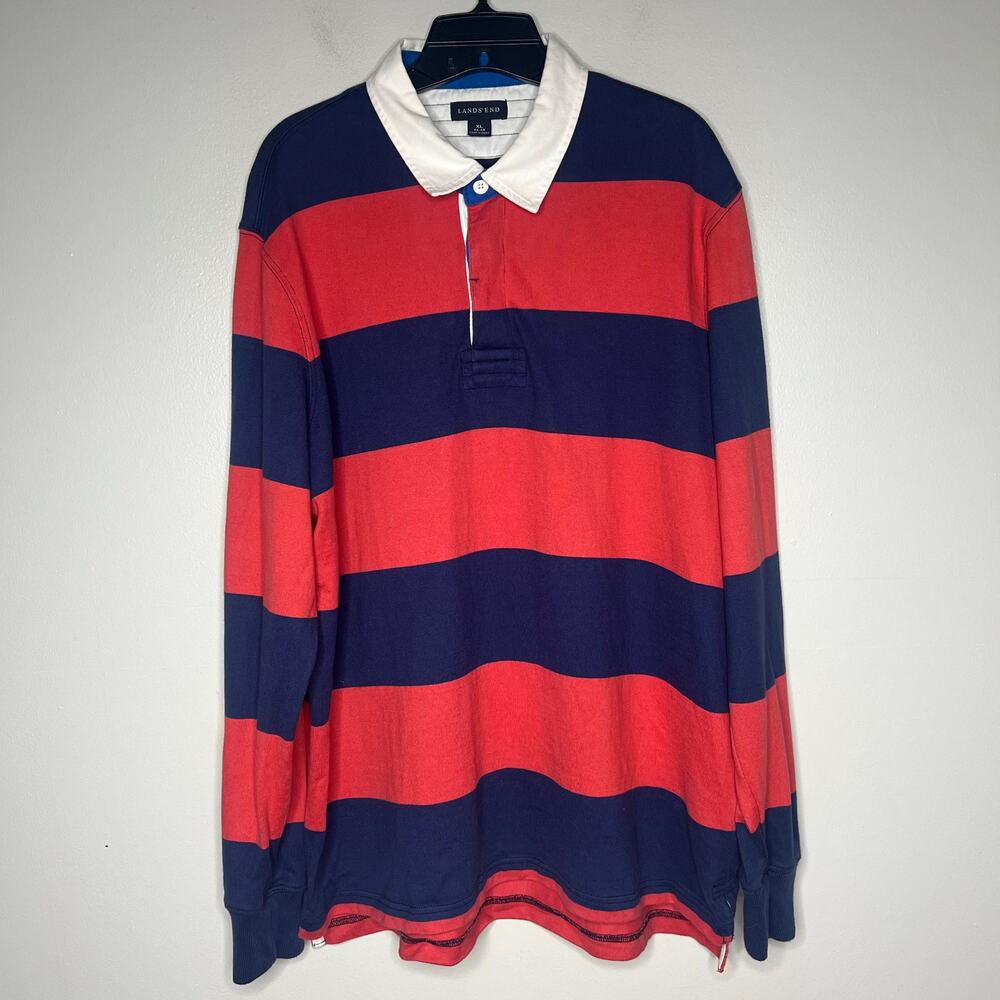 Lands End Rugby Shirt Men's XL Blue Red Long Sleeve Polo Preppy Y2K Heritage